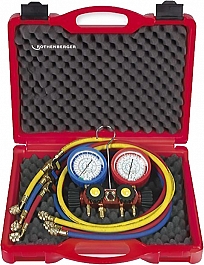 Четырехпозиционный аналоговый манометрический коллектор и напорные шланги с шаровым краном для хладагентов R22, R134A, R407C, R404A Rothenberger Plus II 1/4 SAE Четырехпозиционный аналоговый манометрический коллектор и напорные шланги с шаровым краном для хладагентов R22, R134A, R407C, R404A Rothenberger Plus II 1/4 SAE